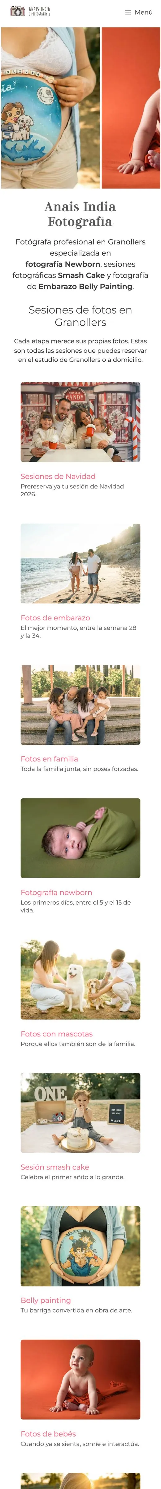 Web de Anais India, fotógrafa en Granollers, vista en un móvil