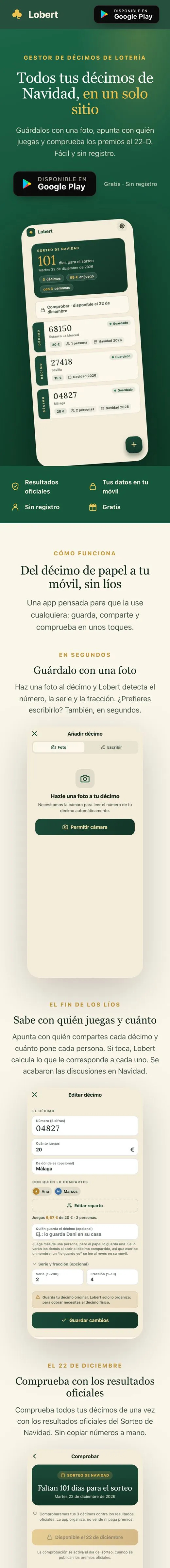 Web de Lobert, app con IA para gestionar décimos de lotería, vista en un móvil