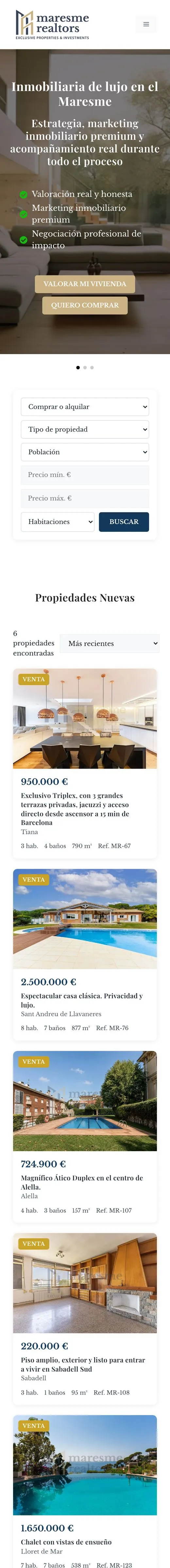 Web de Maresme Realtors, inmobiliaria del Maresme, vista en un móvil